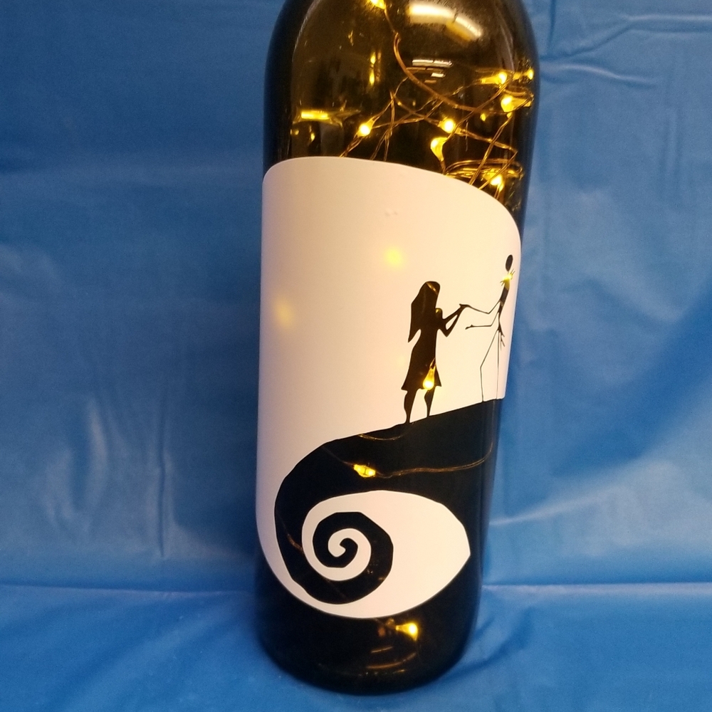 Lighted Jack and Sally wine bottle